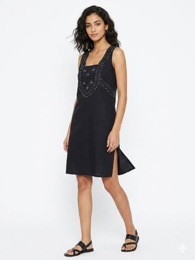 Gurlz Black Cotton Beaded Studded Boho Sleeveless Tunic Dress Side Slit Size 8